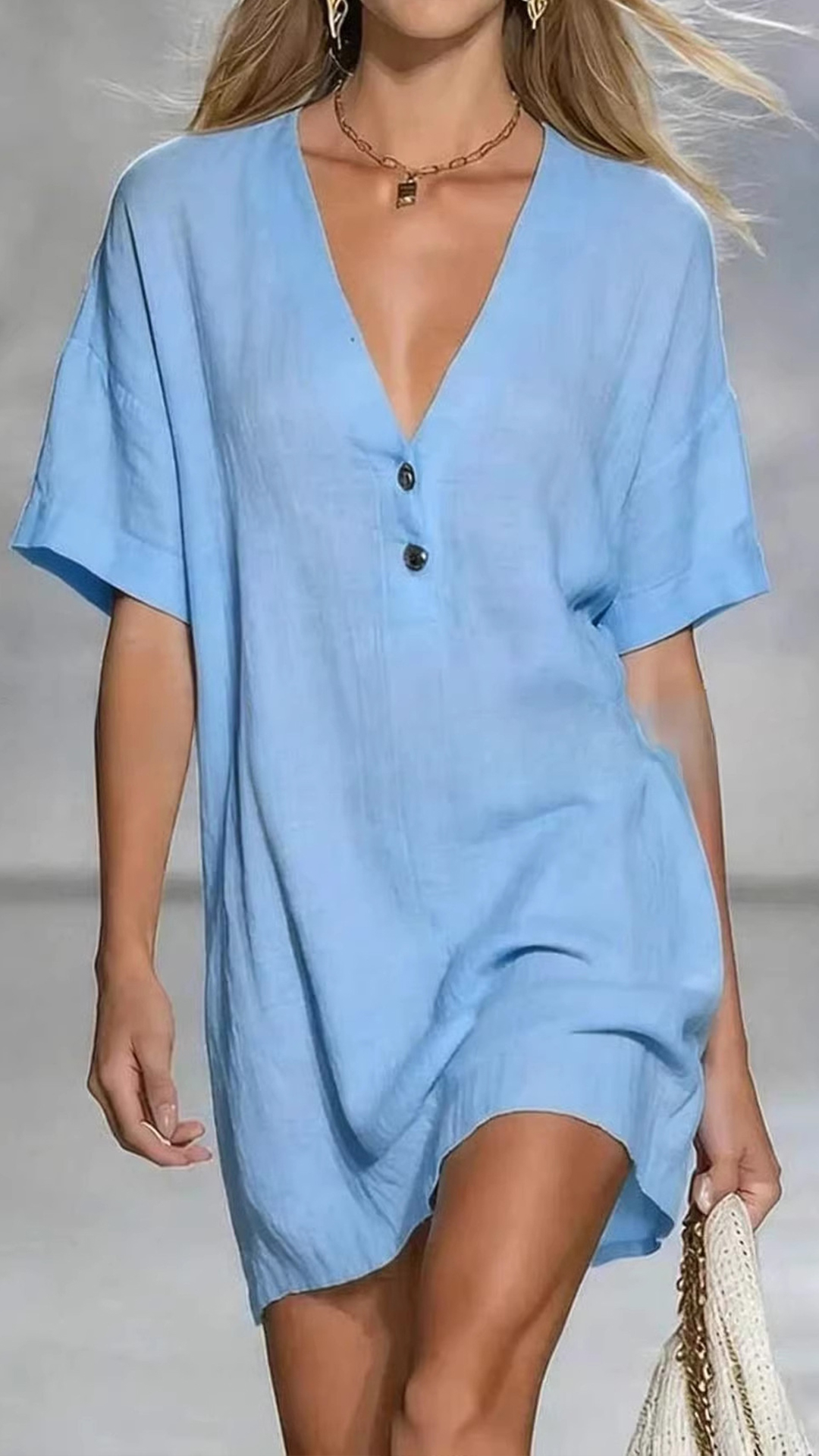 Women's Linen-Cotton V-Neck Loose Shift Dress