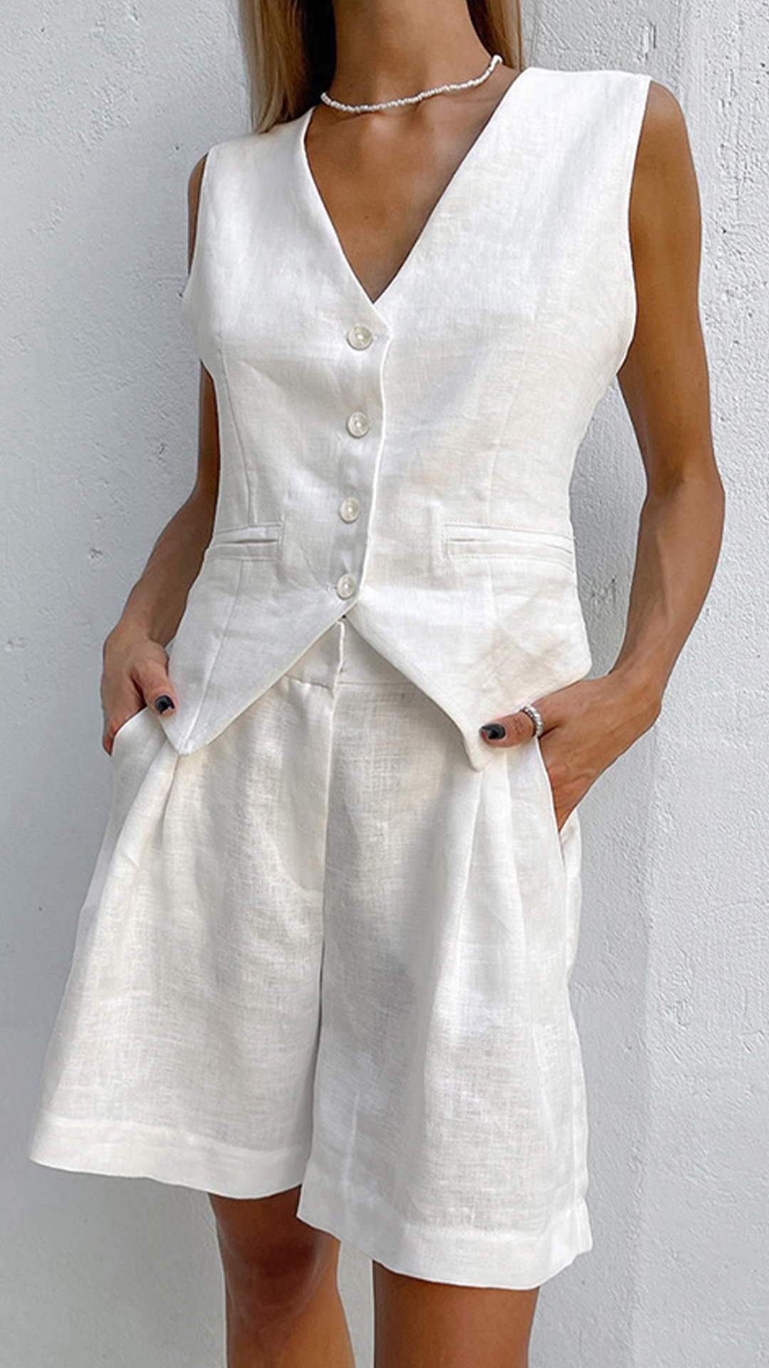 Women's Cotton-Linen Blend V-Neck Waistcoat & High-Waisted Shorts Set