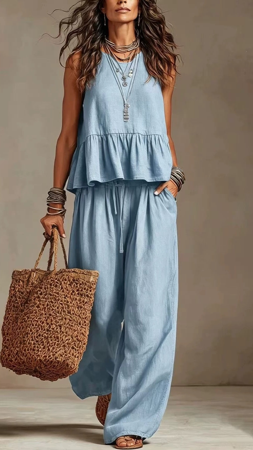 Women's Cotton-Linen Two-Piece Set: Ruffled Sleeveless Top & Wide-Leg Pants
