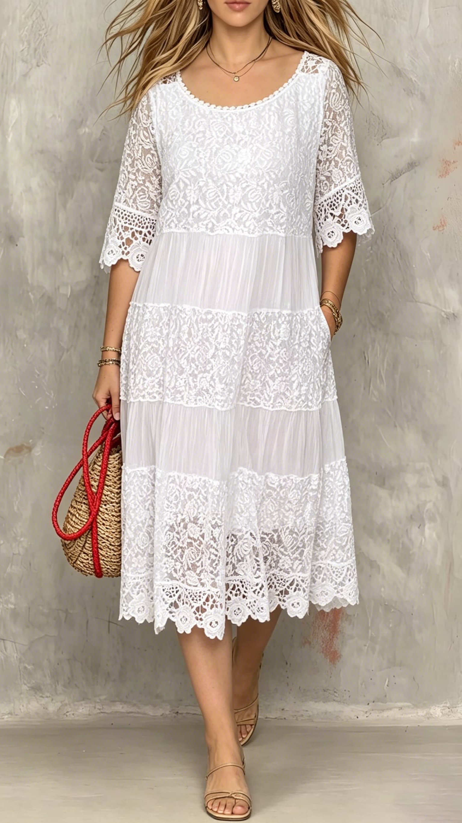 Women's Round-Neck Short-Sleeve Lace-Trimmed Dress