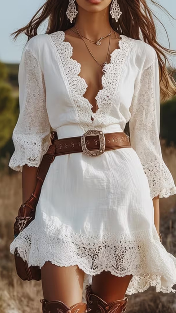 Women's Loose-Fit Linen Dress with Flared Sleeves, V-Neck, and Lace Trim