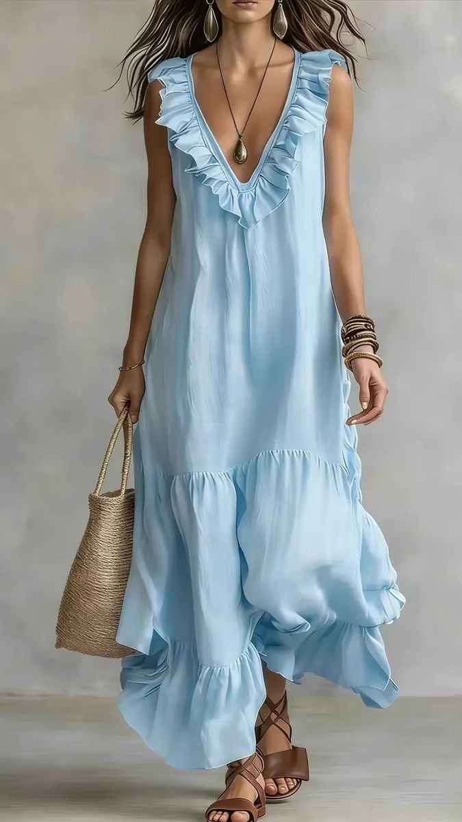 Women's Solid-Color Sleeveless Cotton-Linen V-Neck Flared Dress