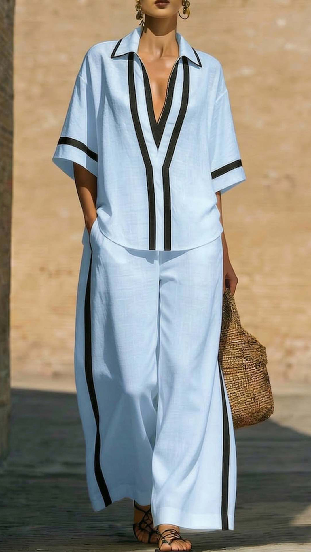 Women's Cotton-Blend Contrast Trim Co-Ord Set