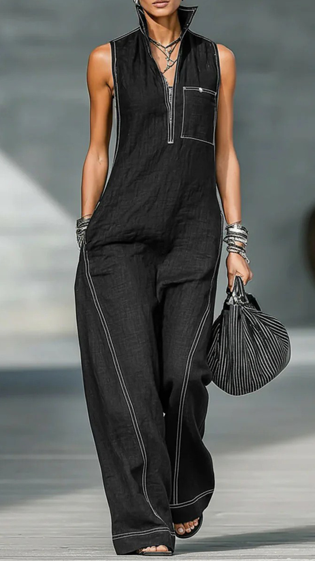 Women's Cotton-Blend Stitched Detail Sleeveless Wide-Leg Jumpsuit