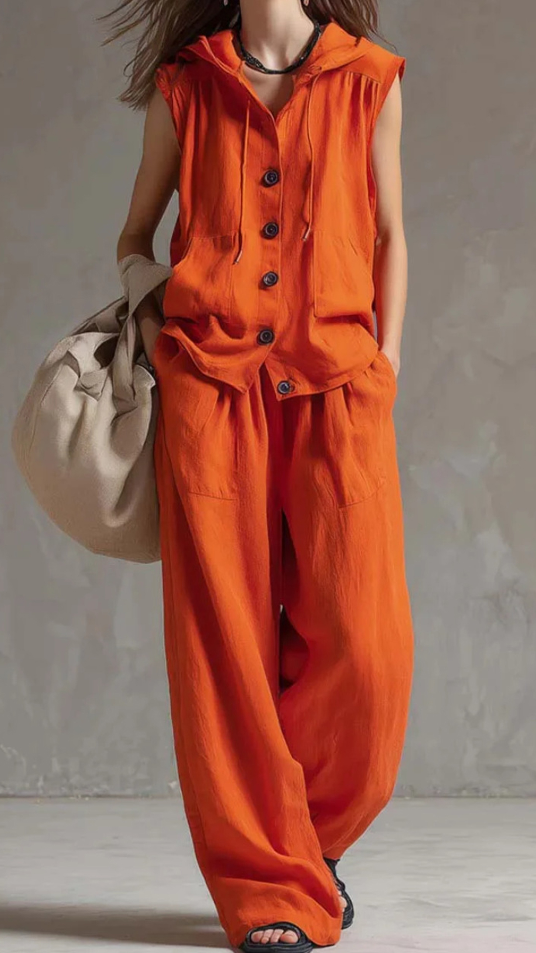 Women's Cotton-Blend Orange Hooded Sleeveless Vest & Wide-Leg Pants Set