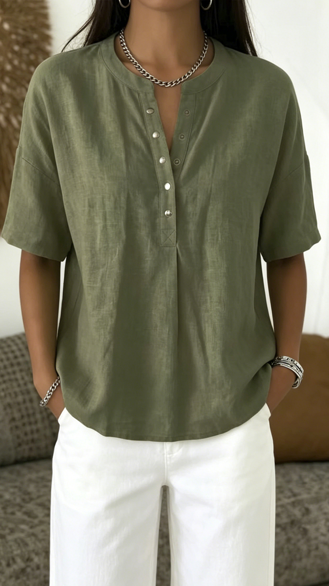 Women's  Henley Neck Cotton-Blend Short-Sleeve Top