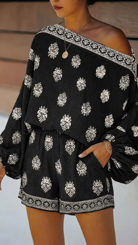 Women's Off-Shoulder Bardot Neckline Printed Jumpsuit with Lantern Sleeves