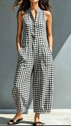 Women's Simple Linen Blend Button-Down Collar Plaid Sleeveless Loose Jumpsuit