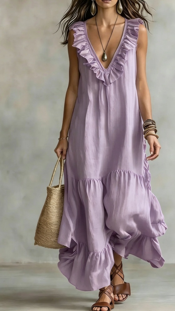 Women's Solid-Color Sleeveless Cotton-Linen V-Neck Flared Dress