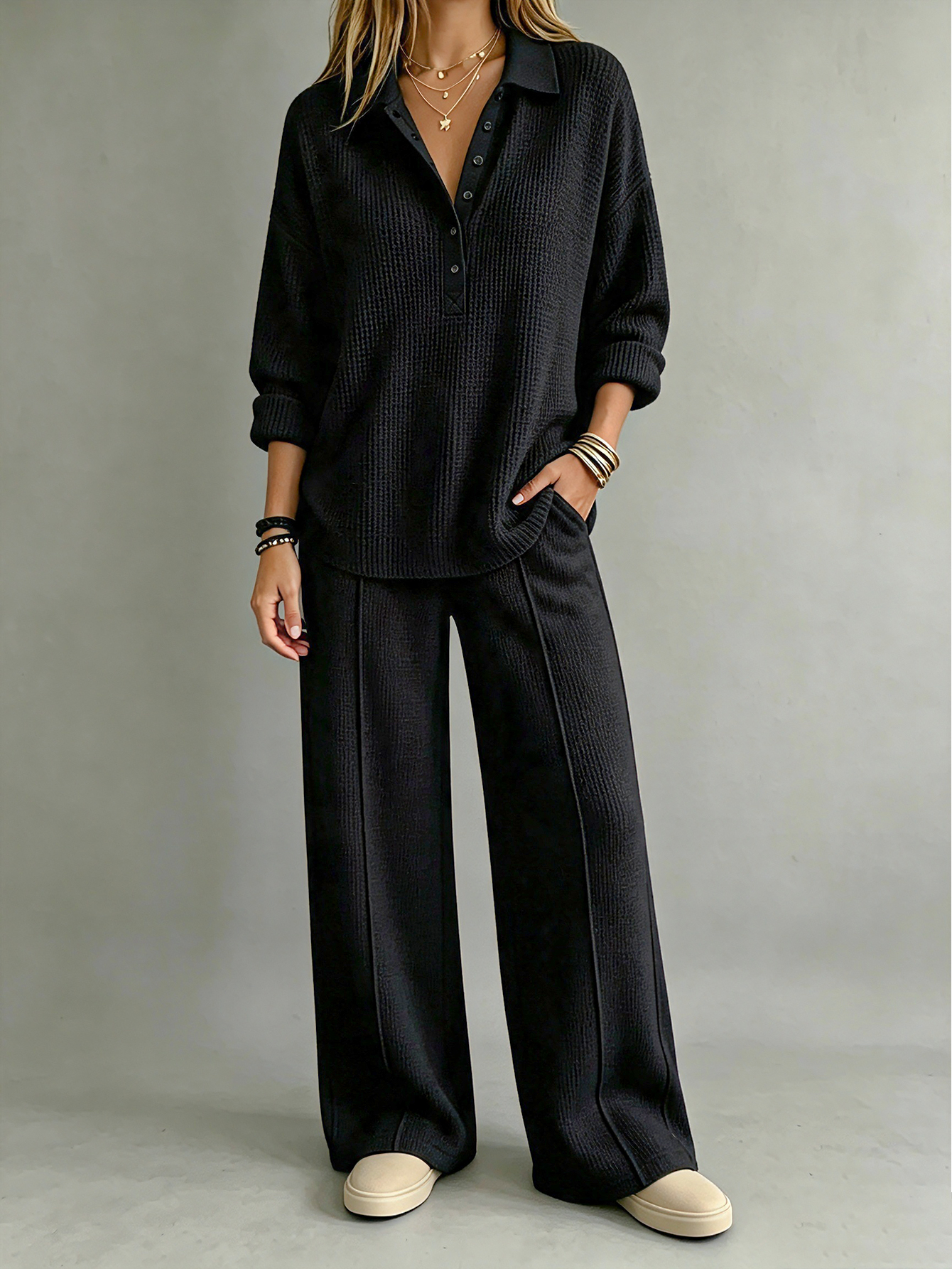 Waffle Knit Collared Henley Top & Wide Leg Pants 2-Piece Lounge Set