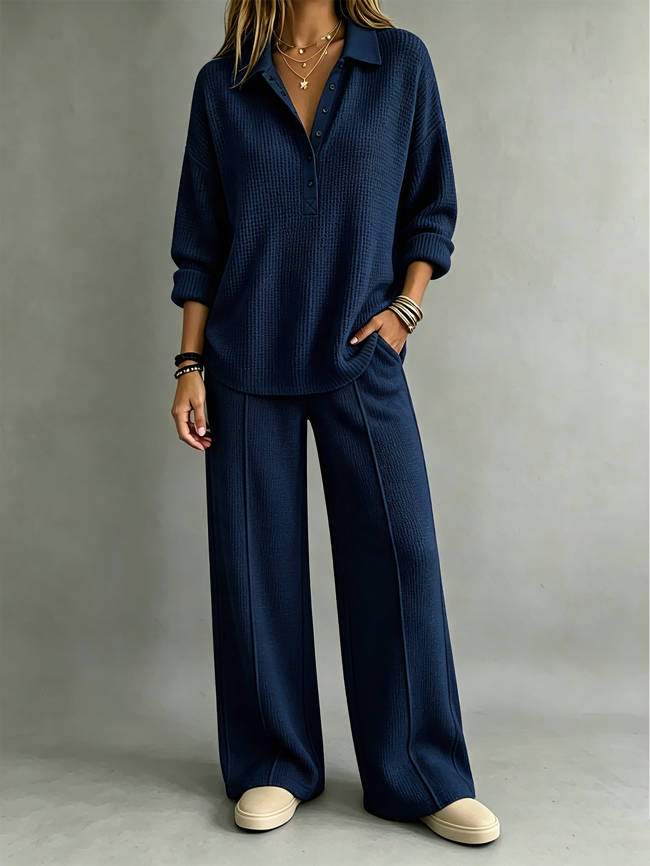 Waffle Knit Collared Henley Top & Wide Leg Pants 2-Piece Lounge Set