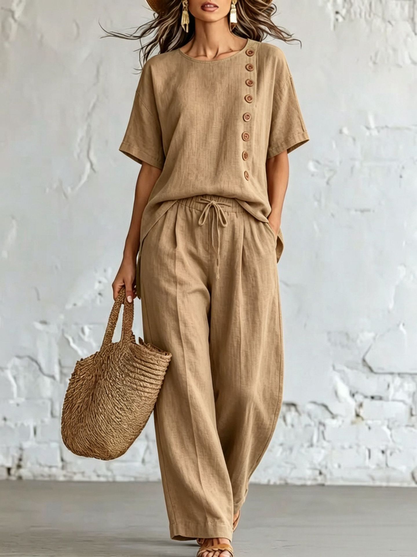 Women’s Linen Cotton Two-Piece Outfit, Short Sleeve Button Side Top & Wide Leg Pants Set