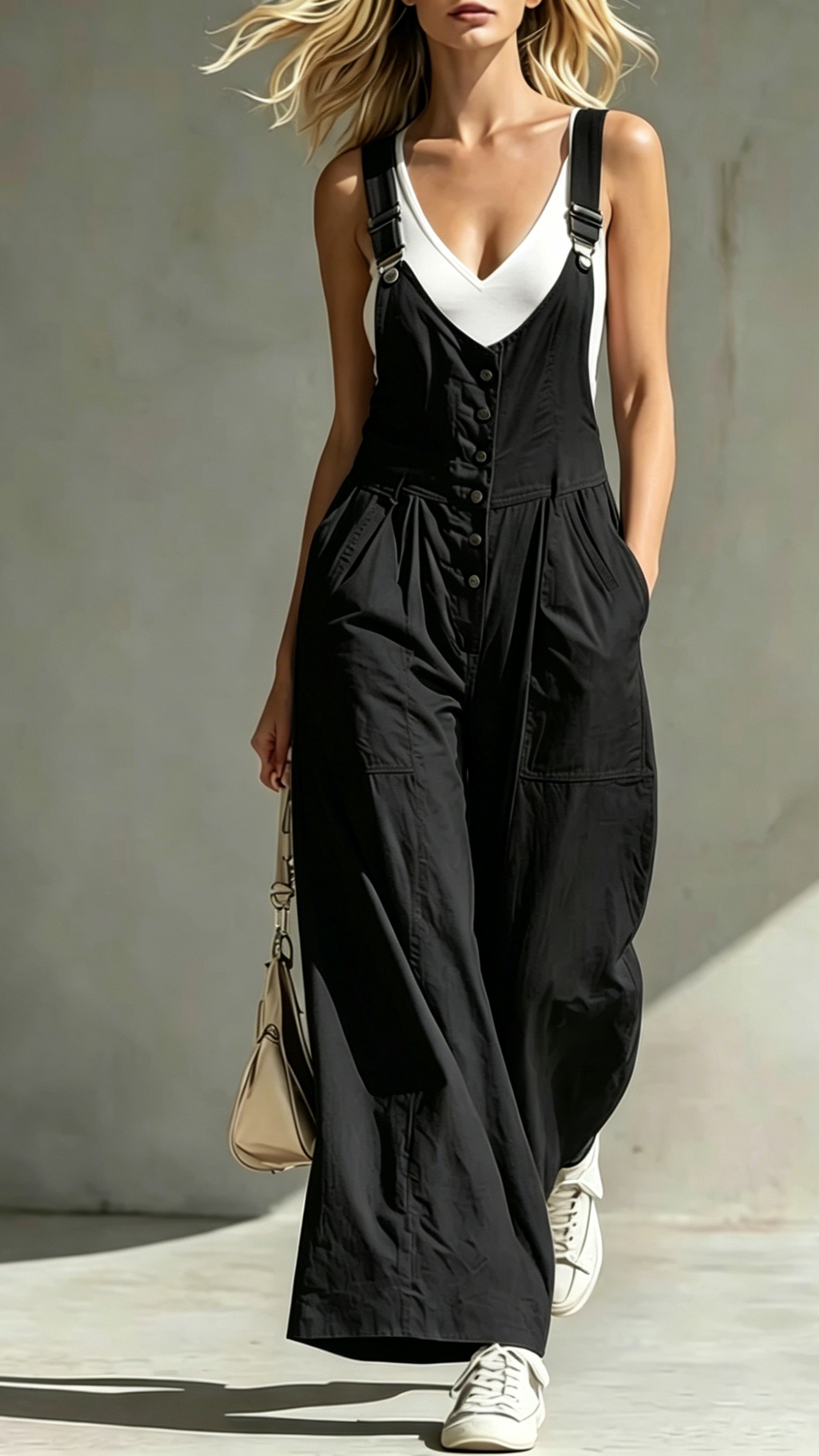 Women's V-Neck Jumpsuit with Pockets, Zipper, Buttons, Open Back, and Waist-Cinching Straps