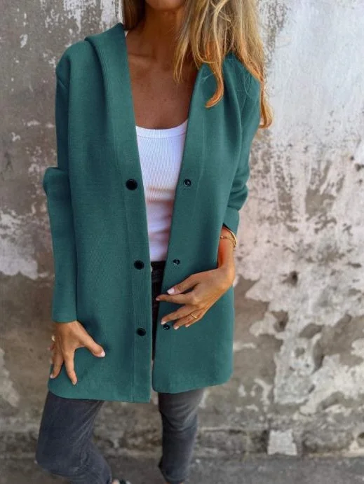 Women’s Hooded Mid-Length Cardigan Coat, Casual Button Front Oversized Jacket