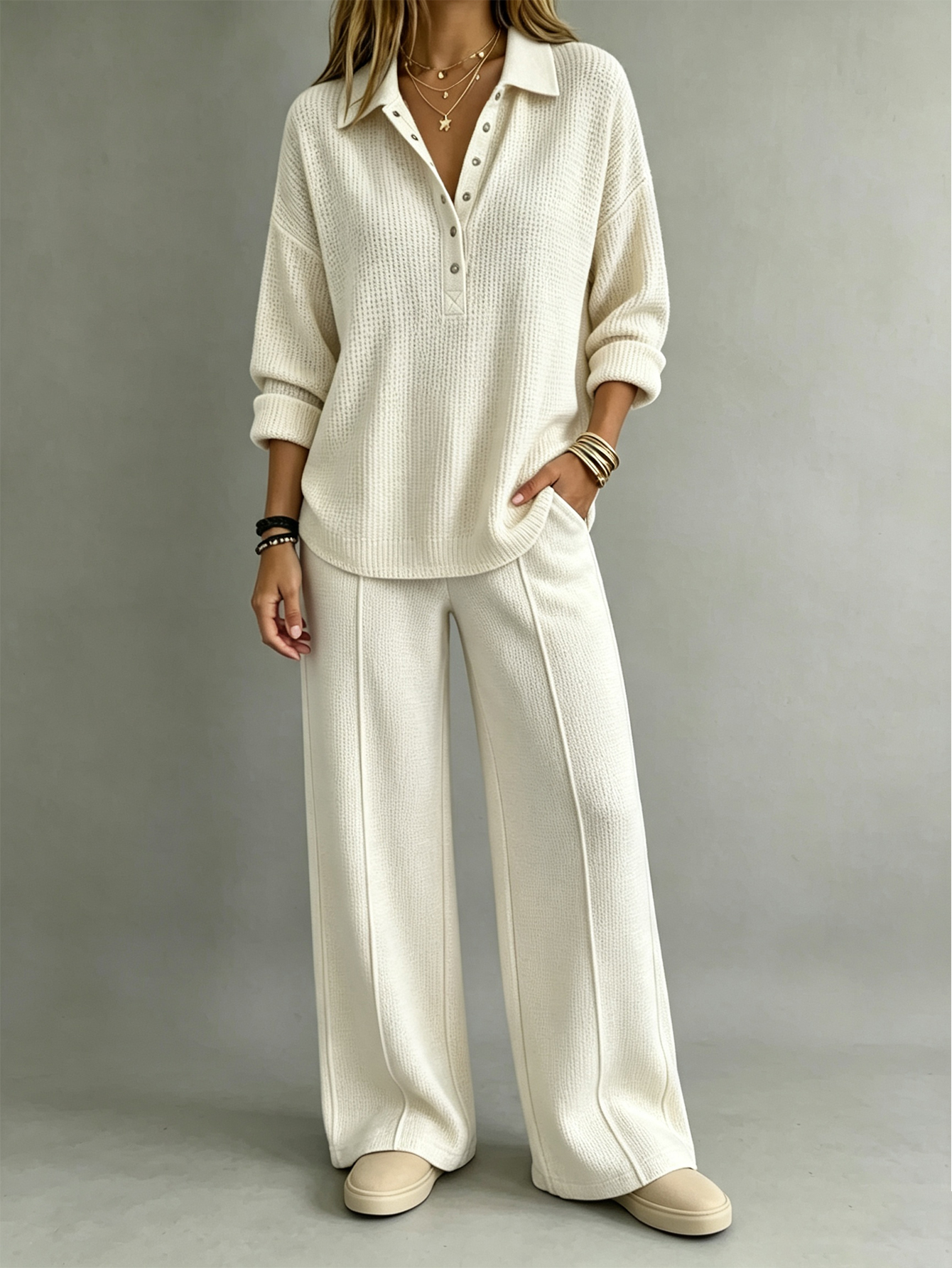 Waffle Knit Collared Henley Top & Wide Leg Pants 2-Piece Lounge Set