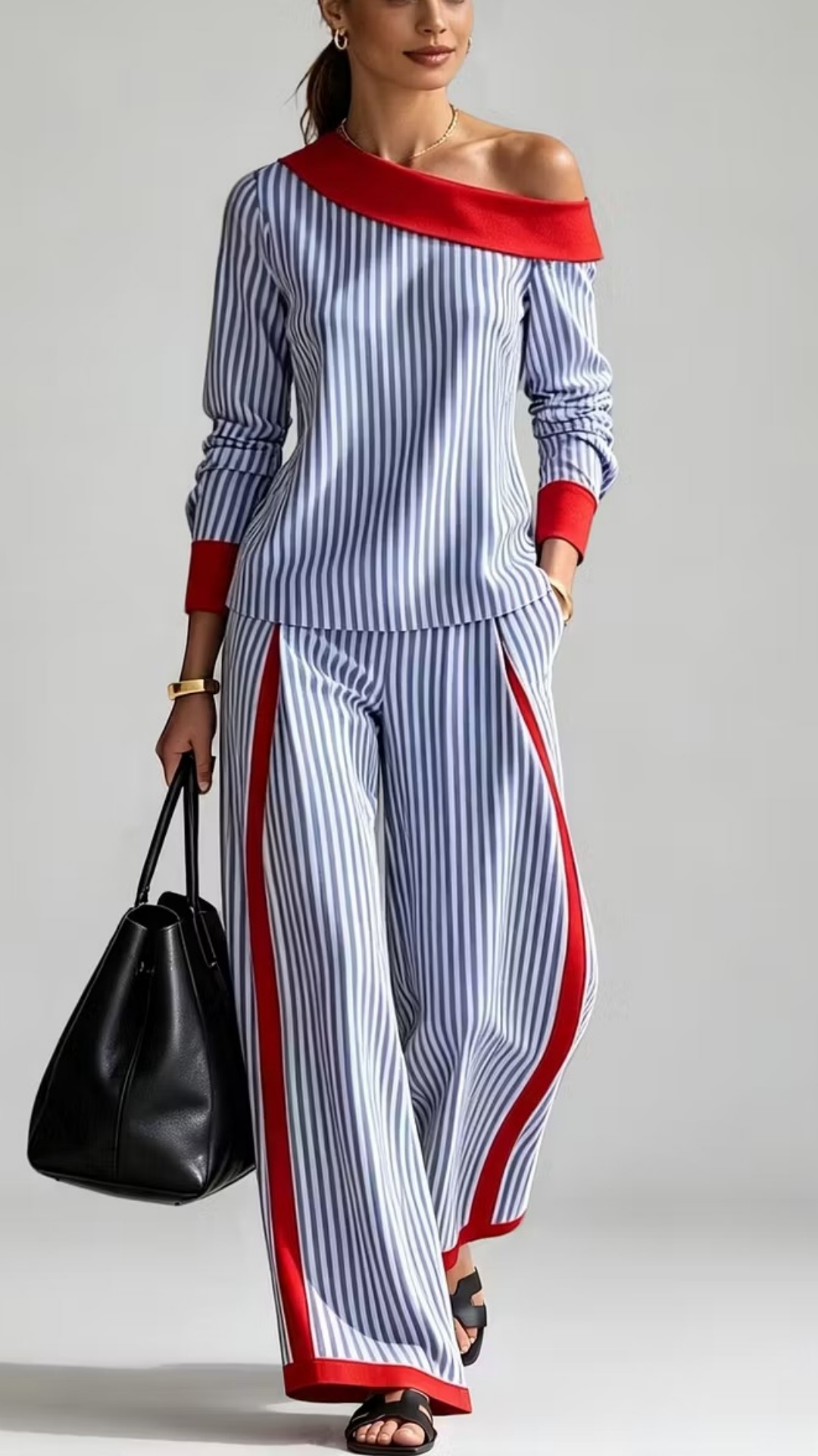 Women's Fashion Striped Color Block Slant Pockets Wide Set