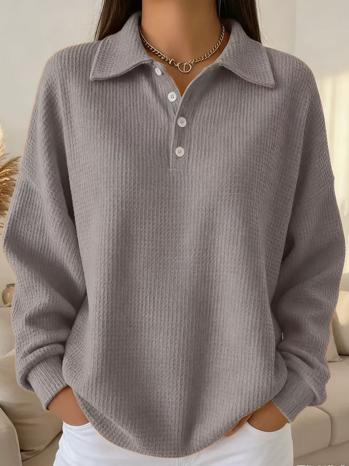 Women's Waffle Knit Collared Henley Pullover Long Sleeve Relaxed Fit Casual Top