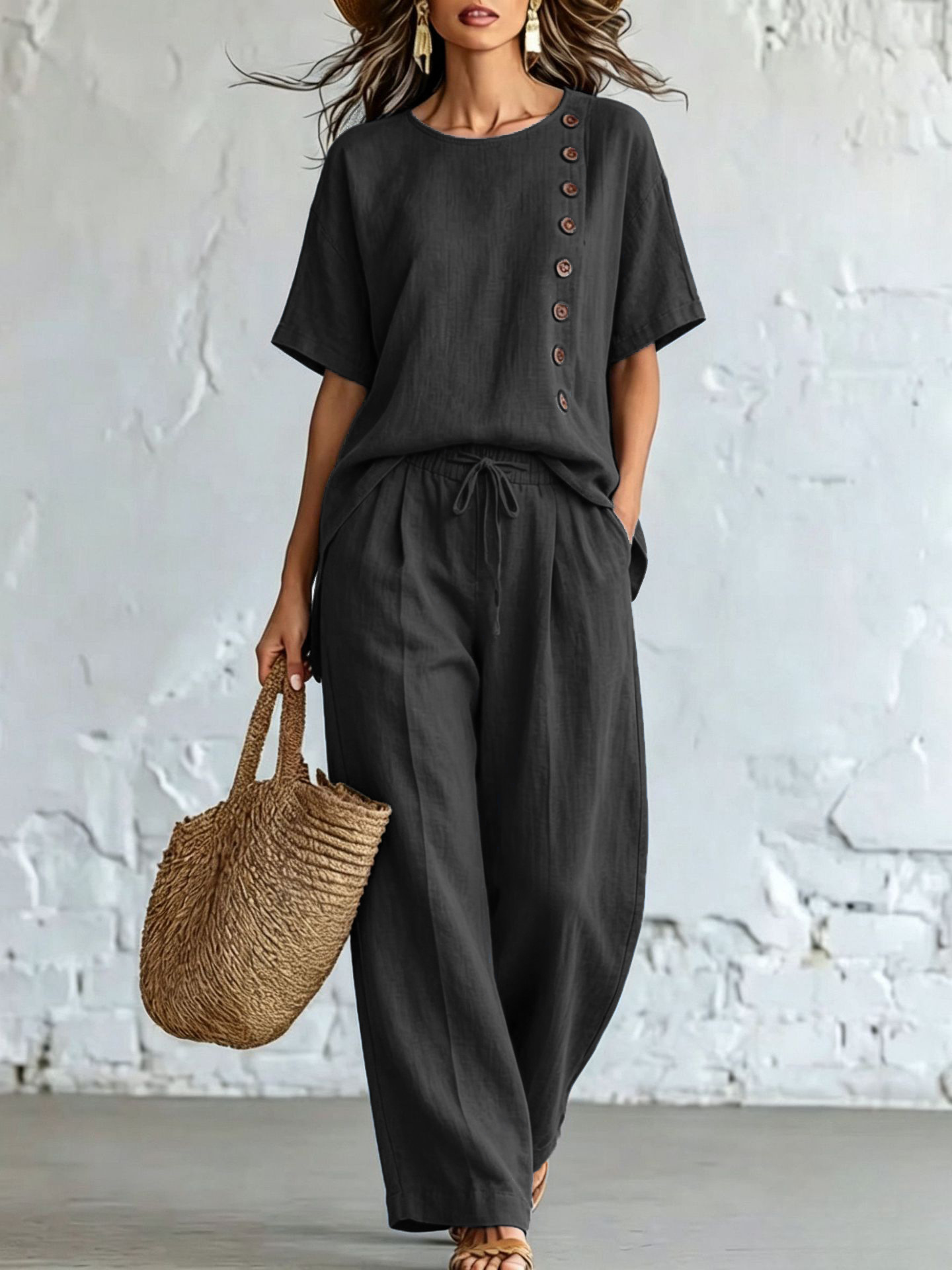 Women’s Linen Cotton Two-Piece Outfit, Short Sleeve Button Side Top & Wide Leg Pants Set