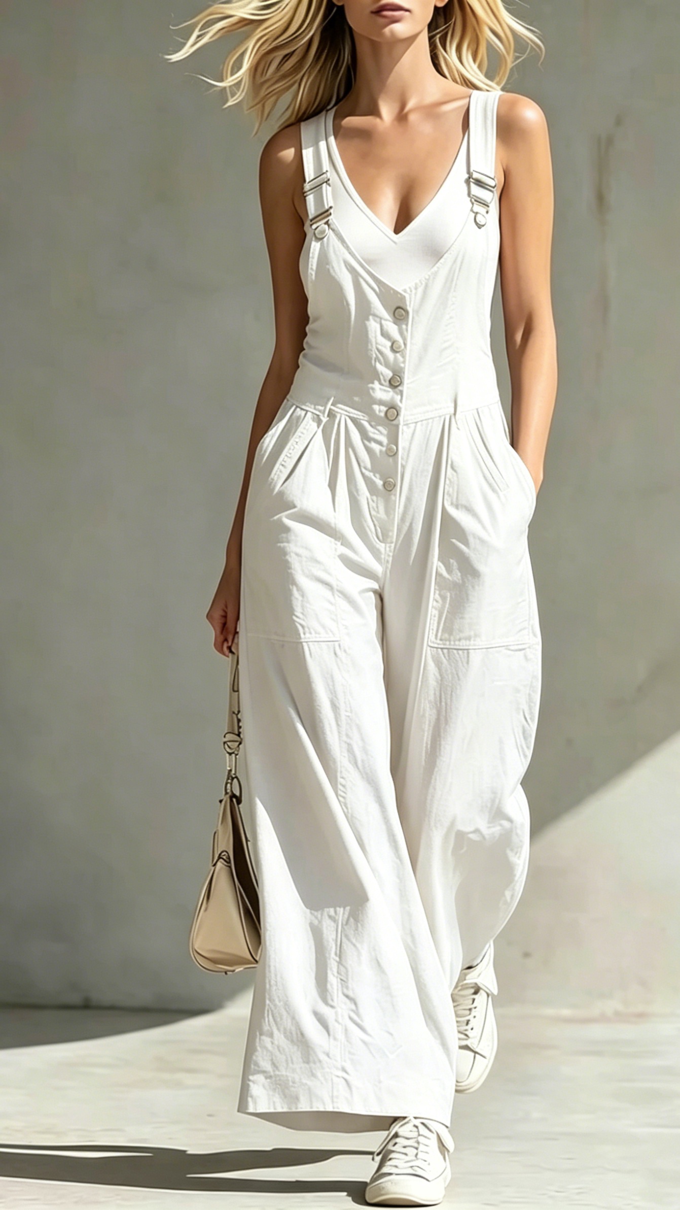 Women's V-Neck Jumpsuit with Pockets, Zipper, Buttons, Open Back, and Waist-Cinching Straps