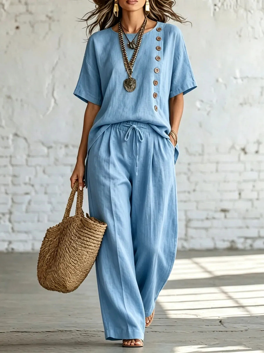 Women’s Linen Cotton Two-Piece Outfit, Short Sleeve Button Side Top & Wide Leg Pants Set