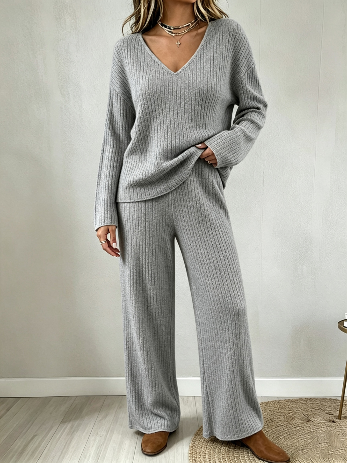Women’s V Neck Knit Two Piece Set, Relaxed Sweater Top and Wide Leg Pants Matching Outfit