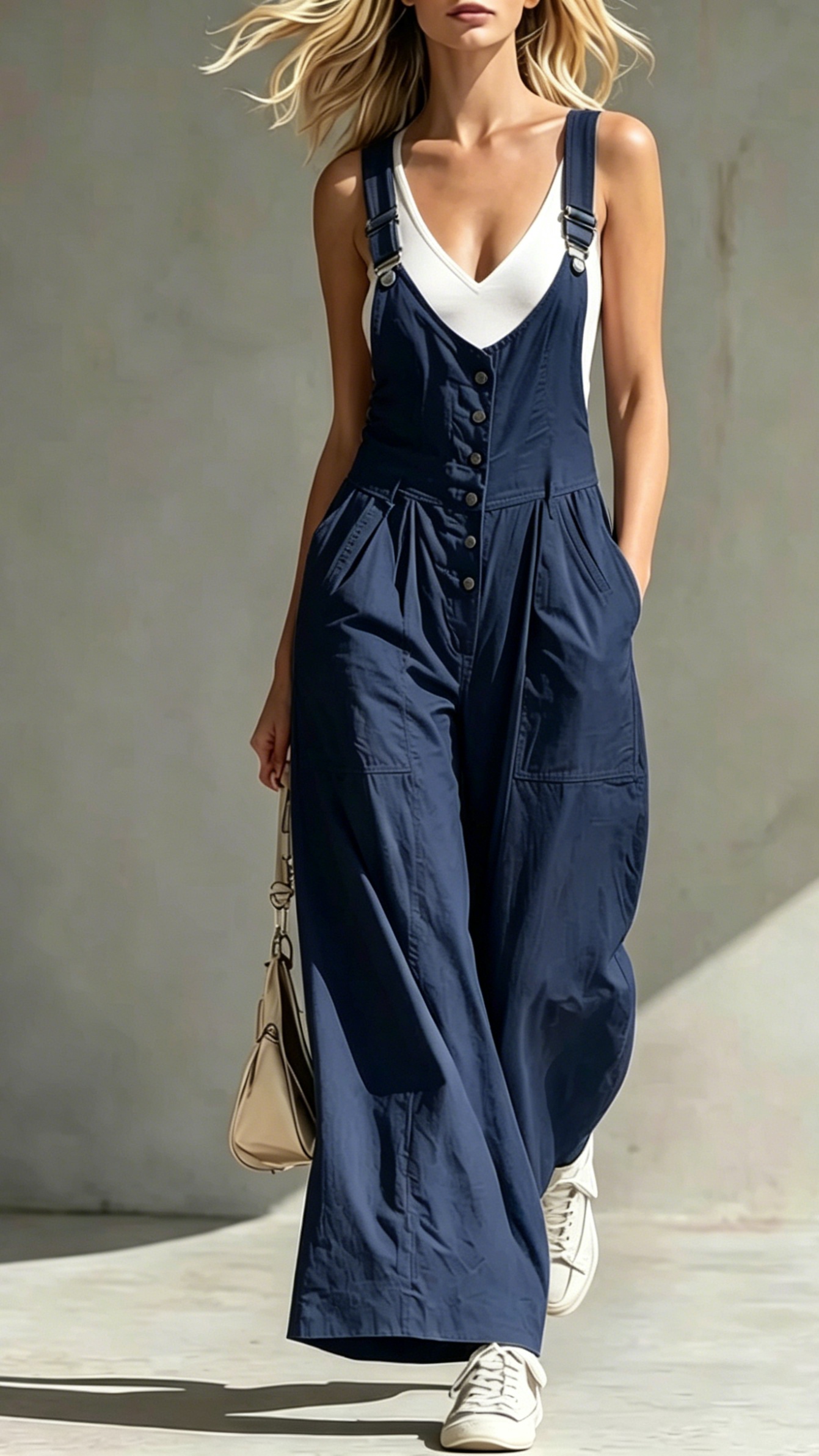 Women's V-Neck Jumpsuit with Pockets, Zipper, Buttons, Open Back, and Waist-Cinching Straps