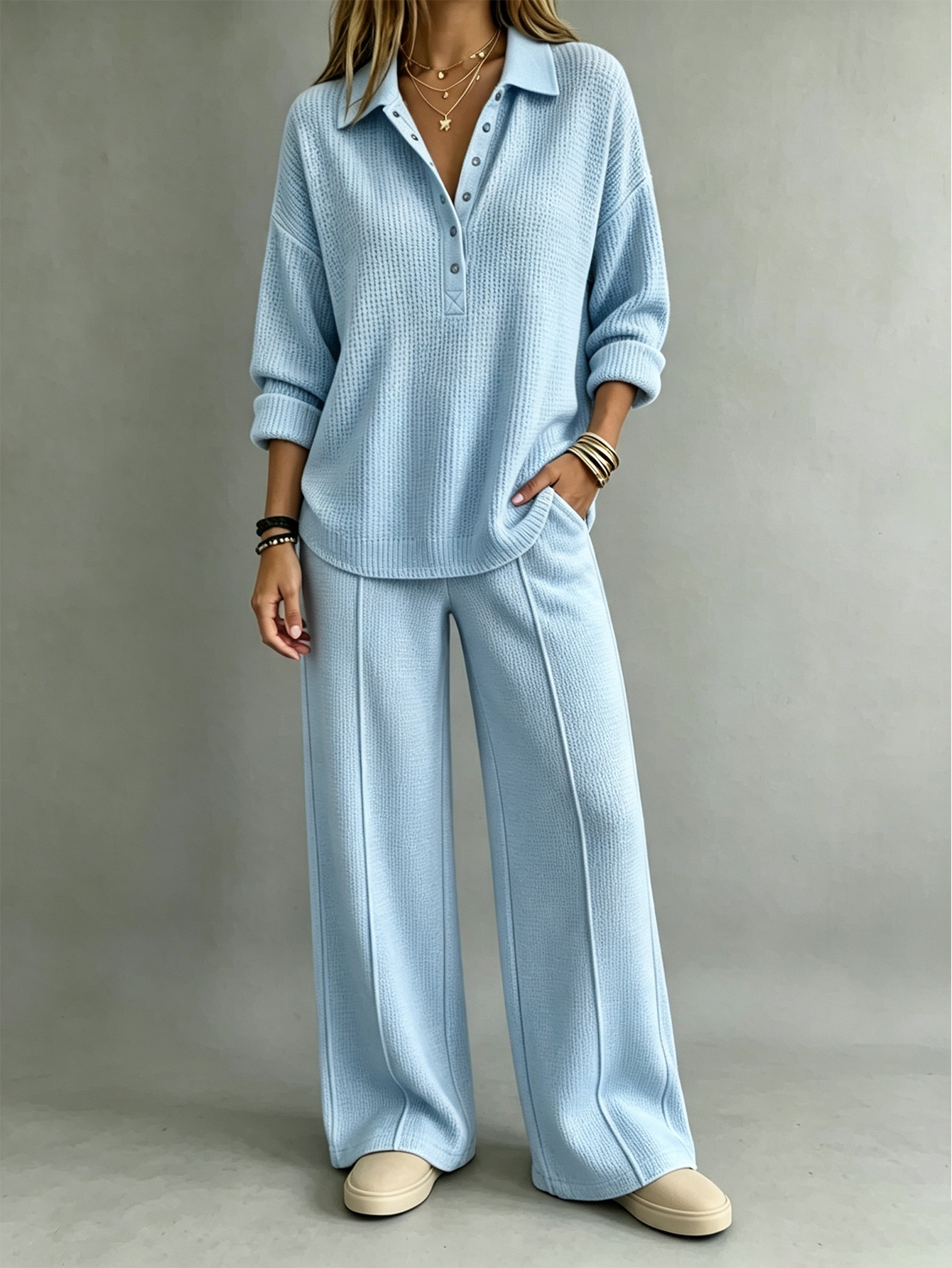 Waffle Knit Collared Henley Top & Wide Leg Pants 2-Piece Lounge Set