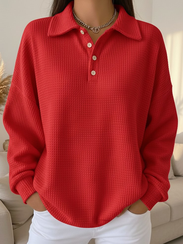 Women's Waffle Knit Collared Henley Pullover Long Sleeve Relaxed Fit Casual Top