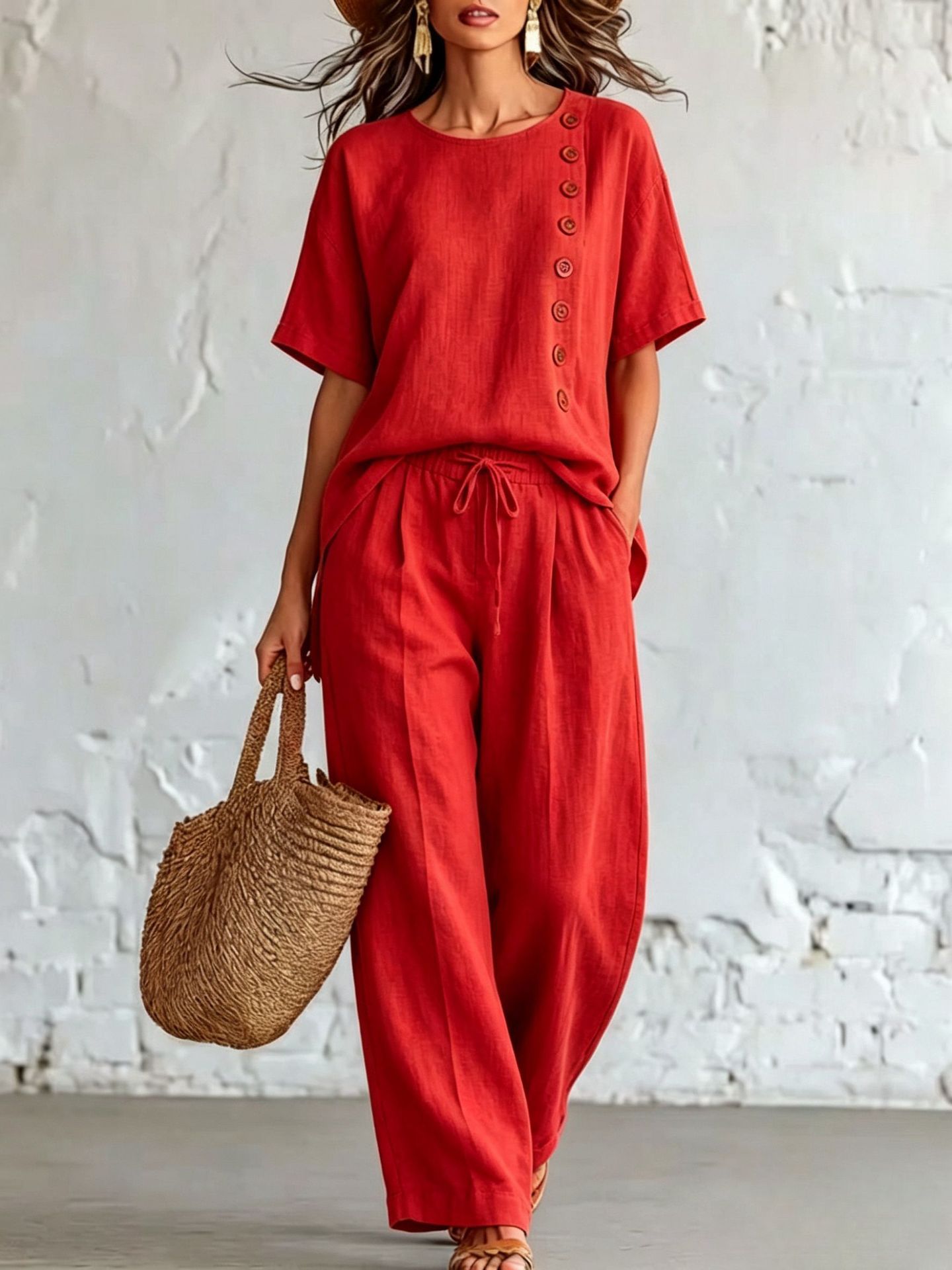 Women’s Linen Cotton Two-Piece Outfit, Short Sleeve Button Side Top & Wide Leg Pants Set