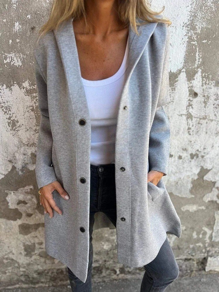 Women’s Hooded Mid-Length Cardigan Coat, Casual Button Front Oversized Jacket