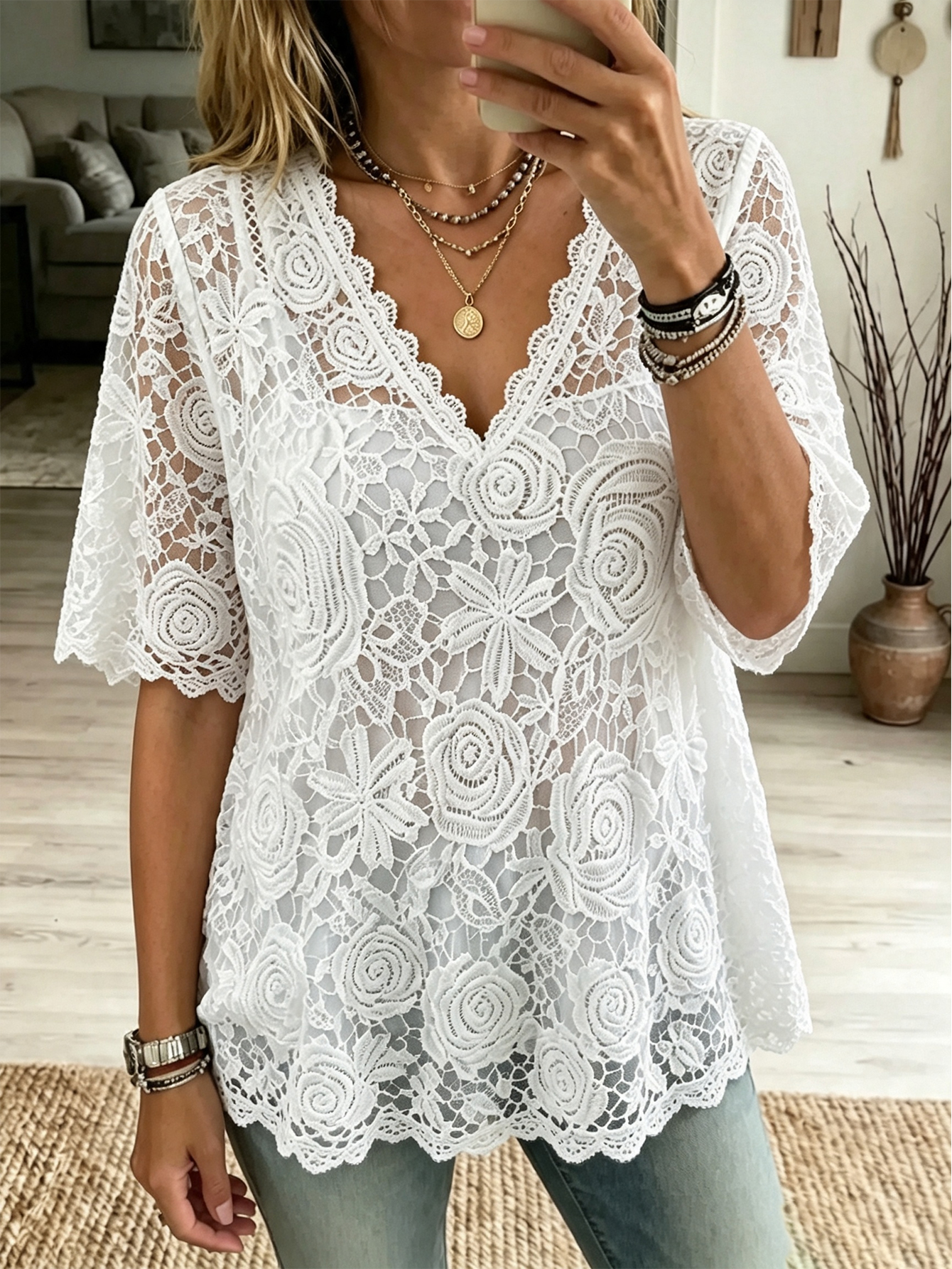 Women’s Floral Lace V Neck Top, Short Sleeve Hollow Out Sheer Blouse Casual Elegant Shirt