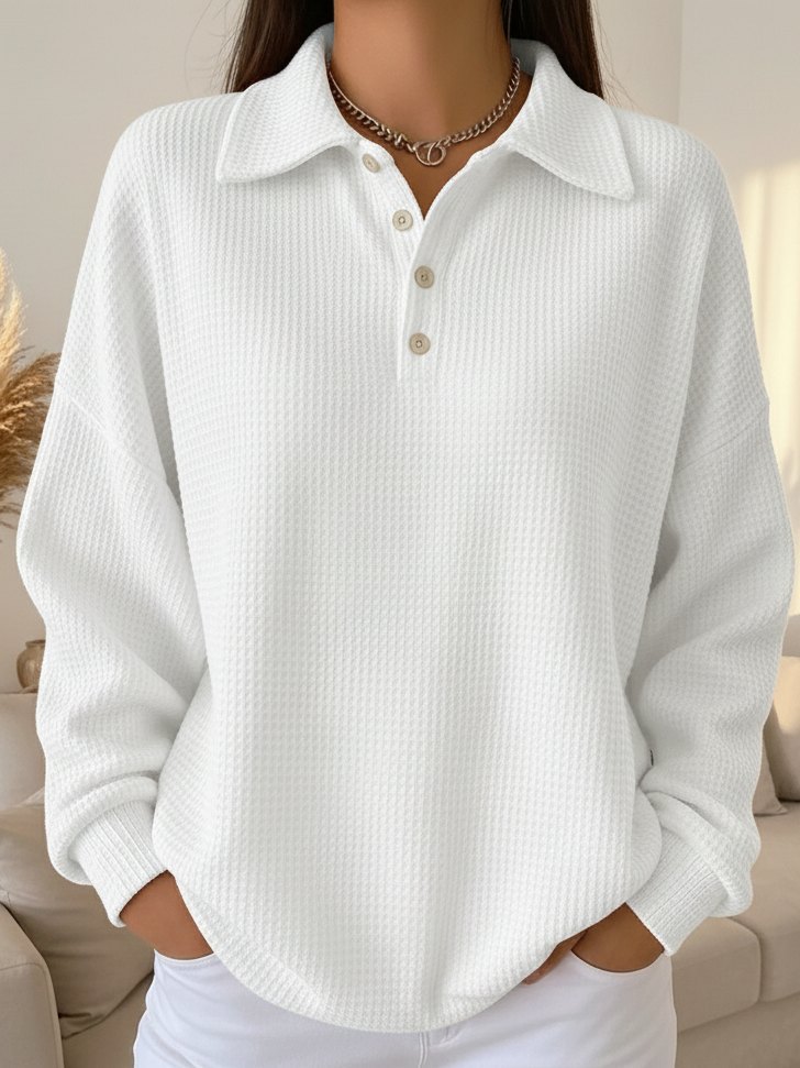 Women's Waffle Knit Collared Henley Pullover Long Sleeve Relaxed Fit Casual Top