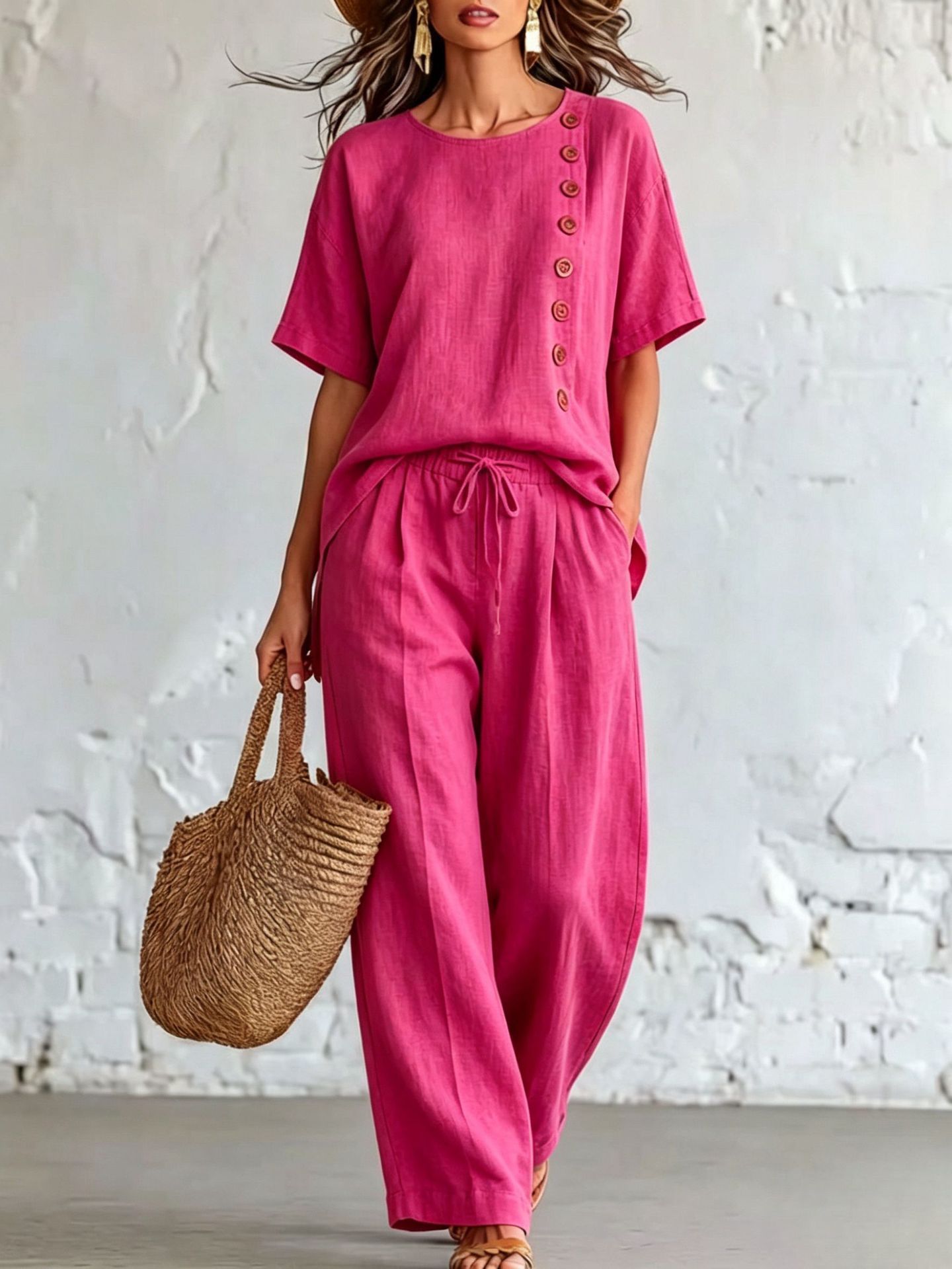 Women’s Linen Cotton Two-Piece Outfit, Short Sleeve Button Side Top & Wide Leg Pants Set