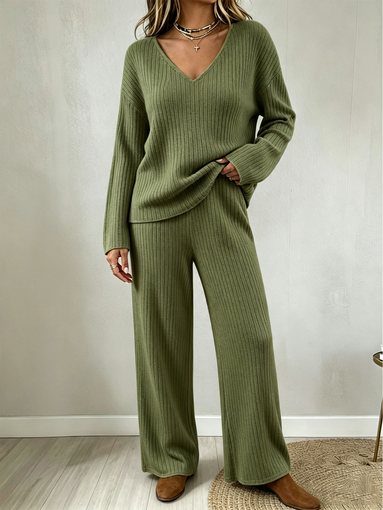 Women’s V Neck Knit Two Piece Set, Relaxed Sweater Top and Wide Leg Pants Matching Outfit