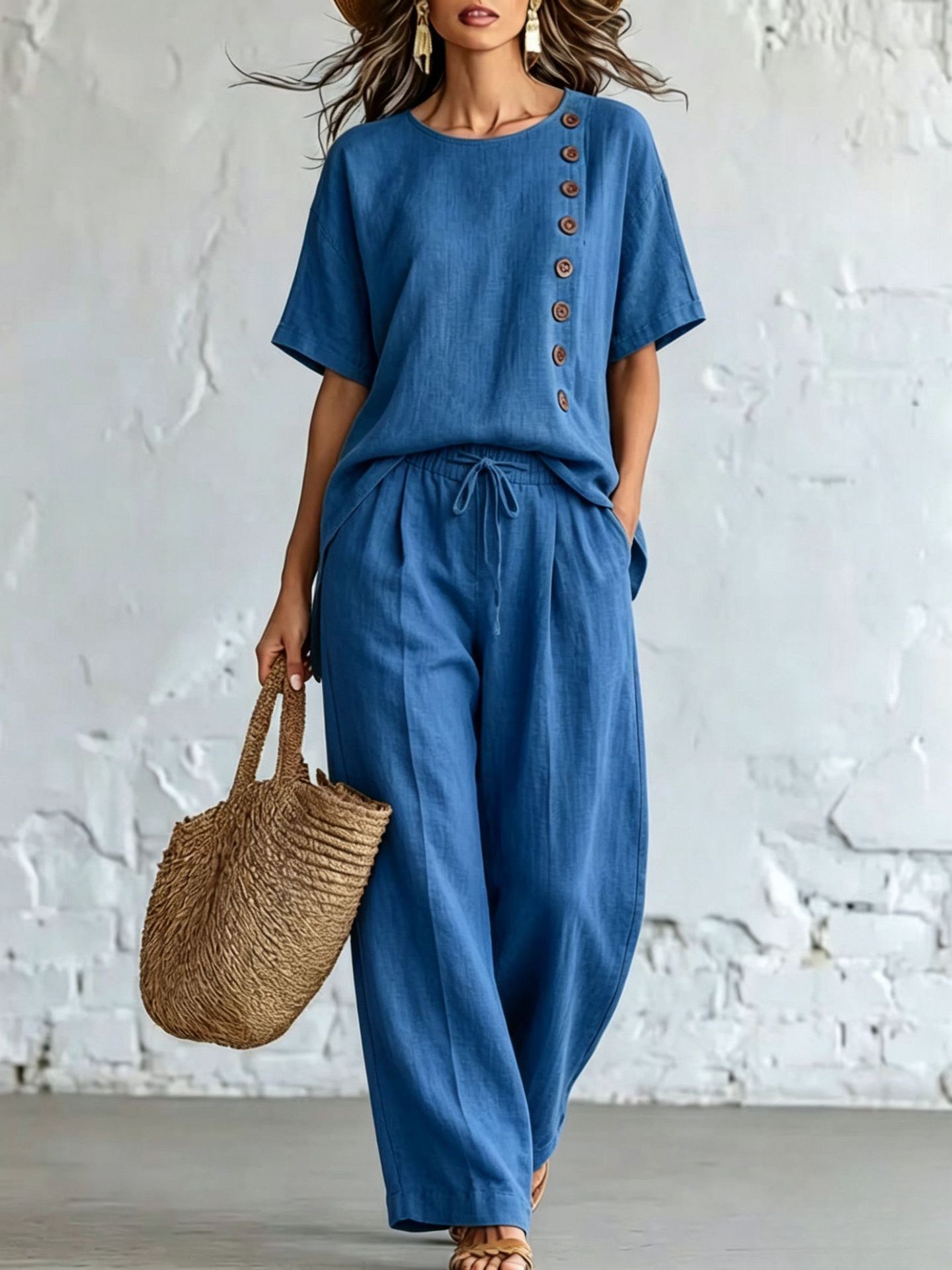 Women’s Linen Cotton Two-Piece Outfit, Short Sleeve Button Side Top & Wide Leg Pants Set