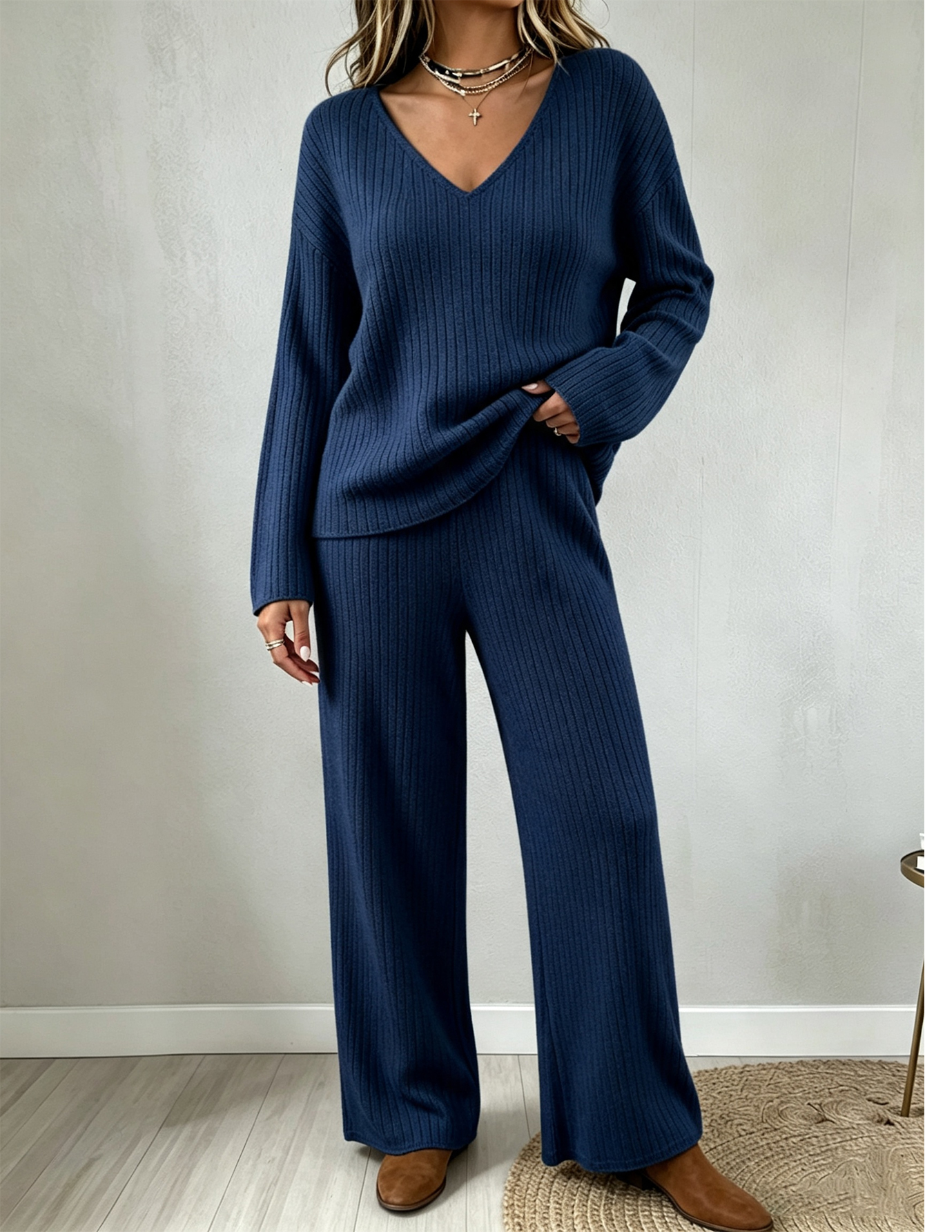 Women’s V Neck Knit Two Piece Set, Relaxed Sweater Top and Wide Leg Pants Matching Outfit