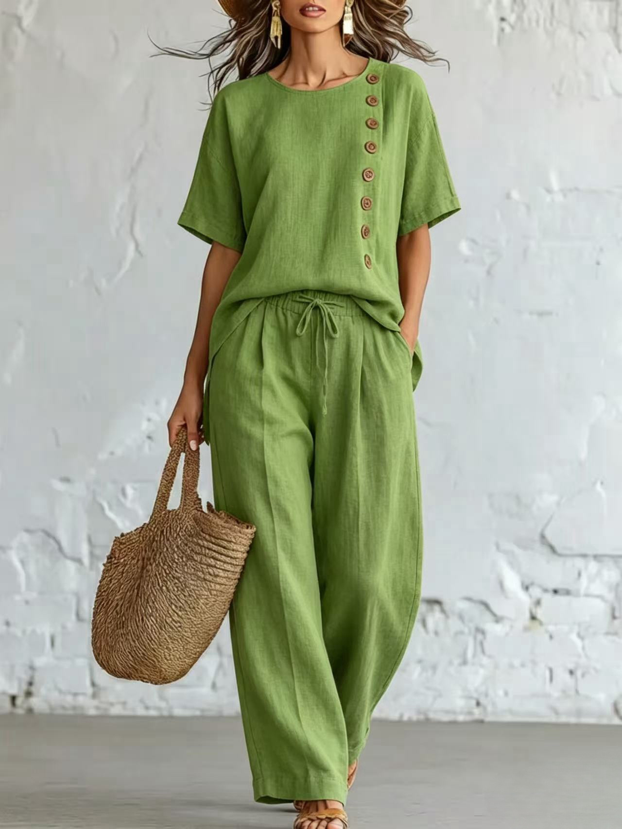 Women’s Linen Cotton Two-Piece Outfit, Short Sleeve Button Side Top & Wide Leg Pants Set