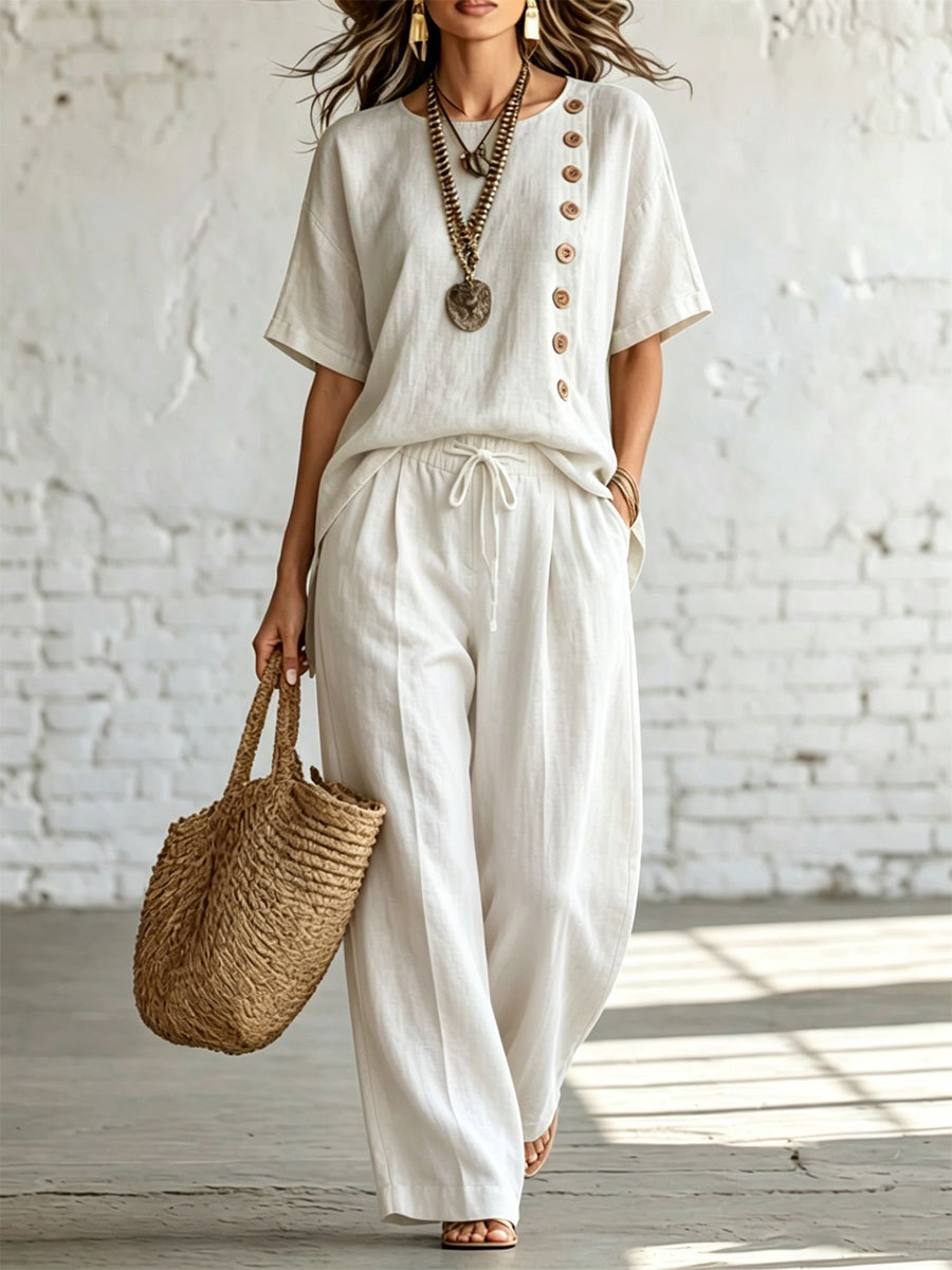 Women’s Linen Cotton Two-Piece Outfit, Short Sleeve Button Side Top & Wide Leg Pants Set