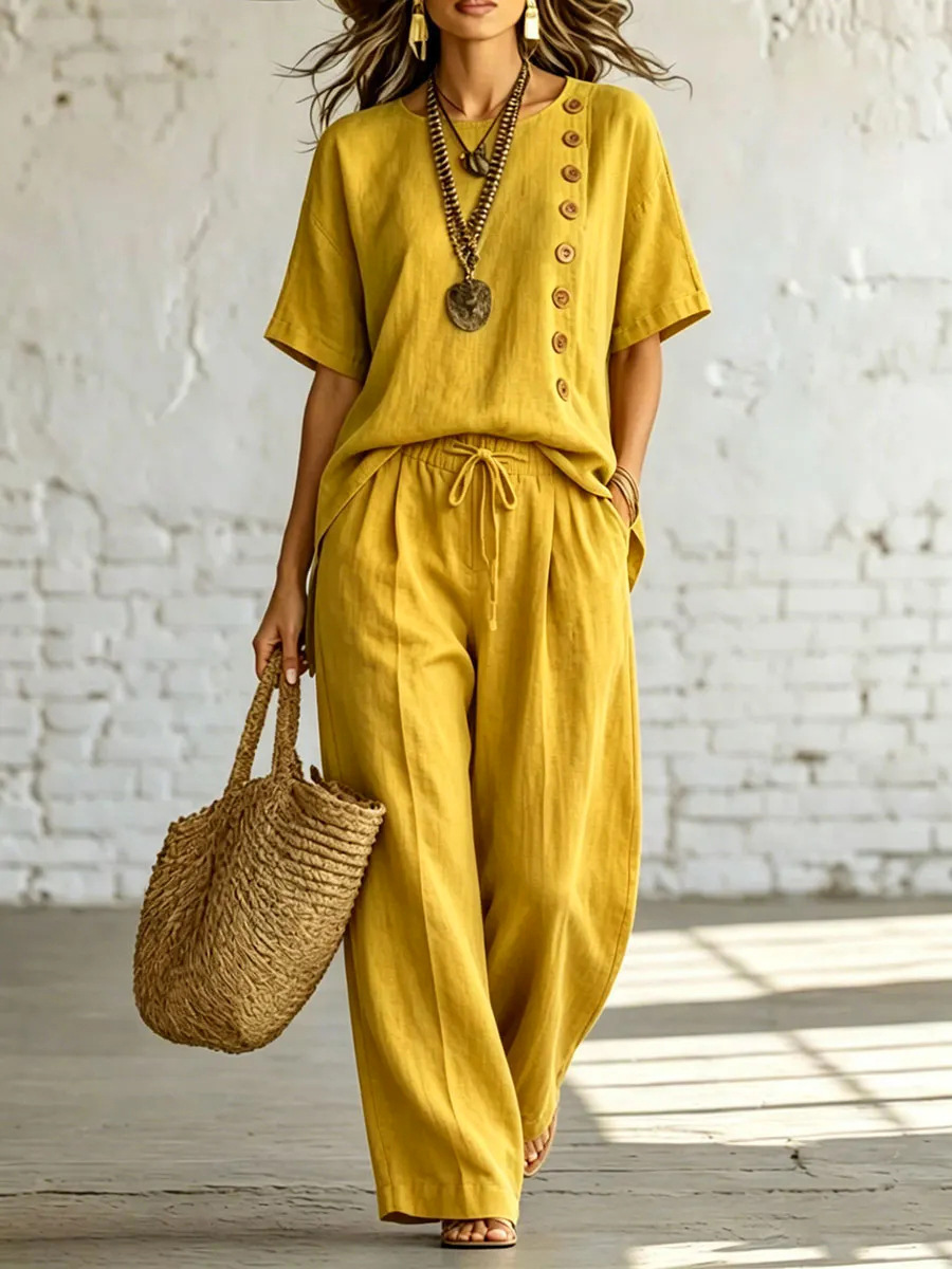 Women’s Linen Cotton Two-Piece Outfit, Short Sleeve Button Side Top & Wide Leg Pants Set