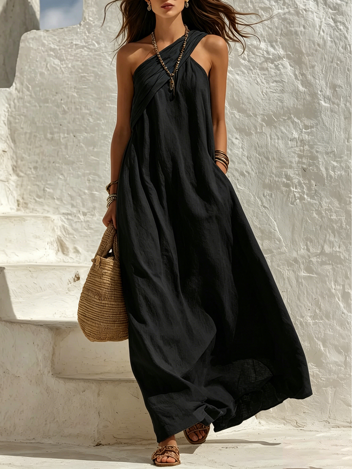 Minimalist Bohemian One-Shoulder Maxi Dress