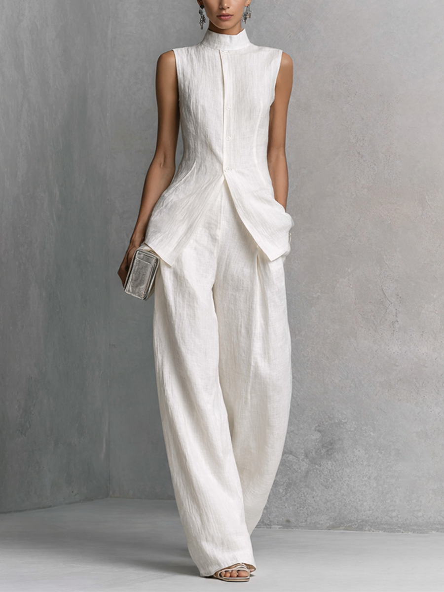 Women's Elegant White Cotton Linen Sleeveless Top and Wide-Leg Pants Set