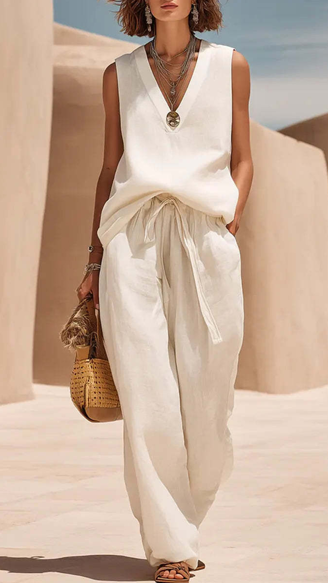 [Copy]Women's Solid Color V-neck Long Sleeve Casual Loose Cotton Linen Top With Elastic Waist And Wide-leg Pants Set