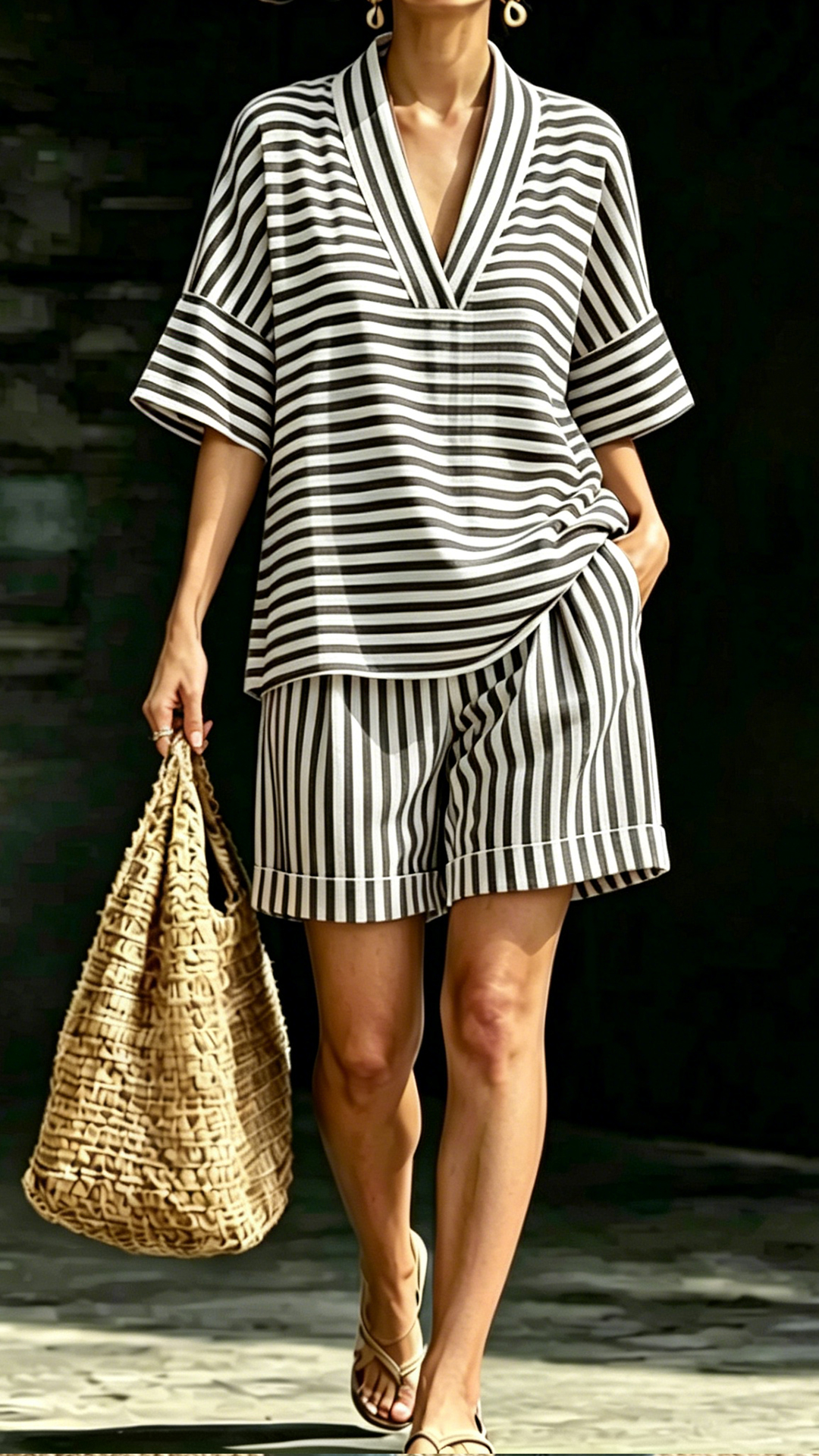 Women's Casual V-Neck Striped Loose-Fit Matching Set