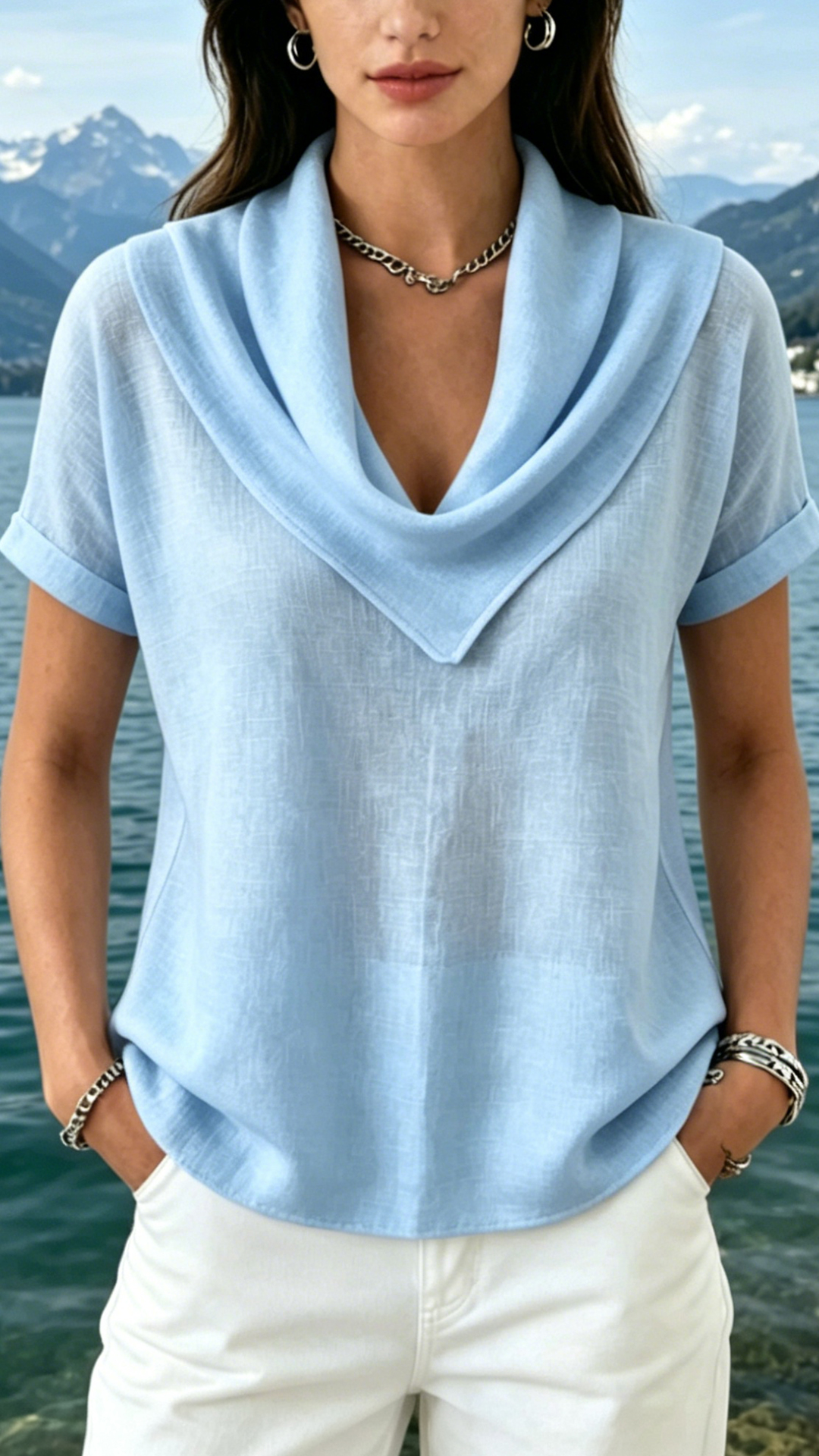 Women's Cowl Neck Cotton-Blend Short-Sleeve Top