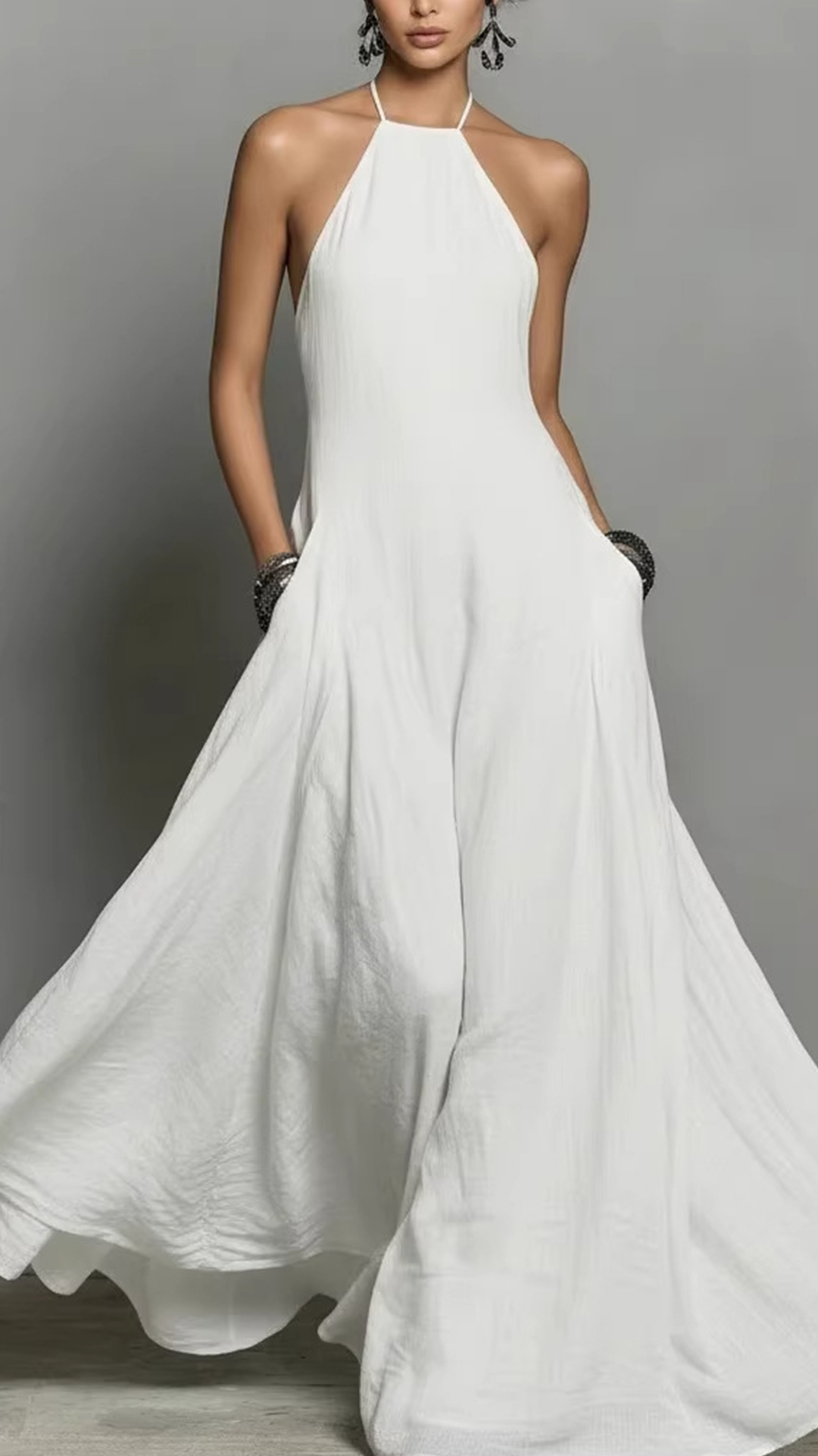 Women's Cotton-Blend Halter Neck Maxi Dress