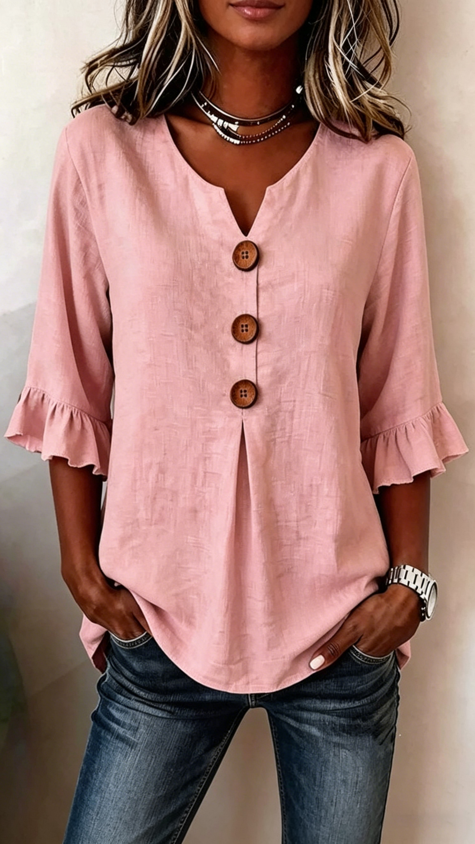 Women's V-Neck Cotton-Linen Button-Up Top