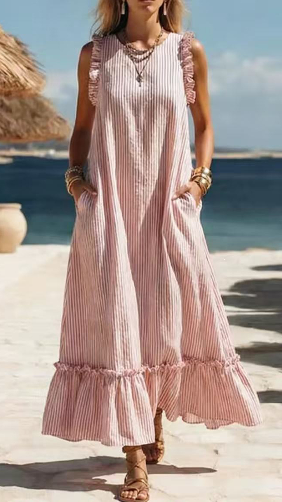 Women's Cotton-Blend Striped Ruffled Sleeveless Maxi Dress