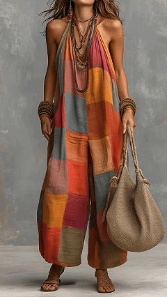 Women's Cotton-Blend Patchwork Halter Wide-Leg Jumpsuit