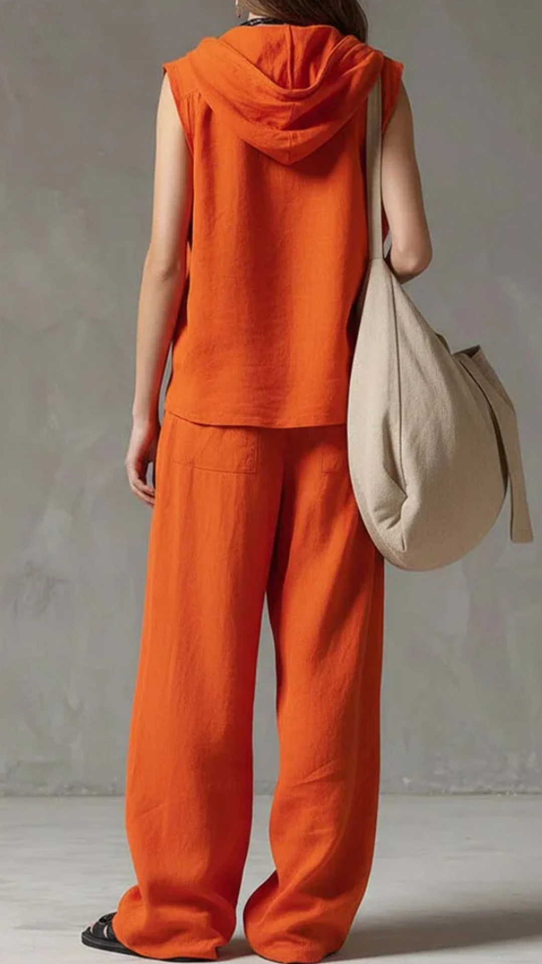 Women's Cotton-Blend Orange Hooded Sleeveless Vest & Wide-Leg Pants Set