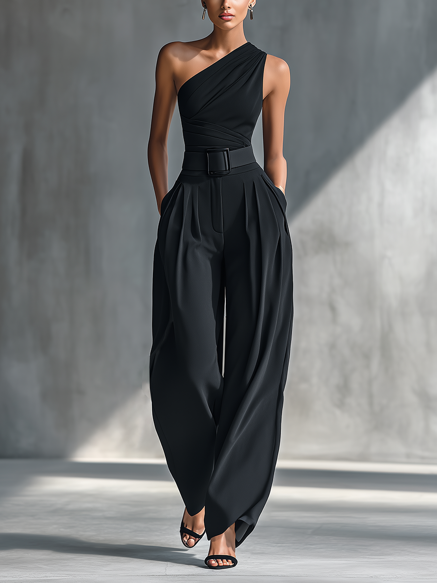 Women's Black Draped Wide-Leg Trousers